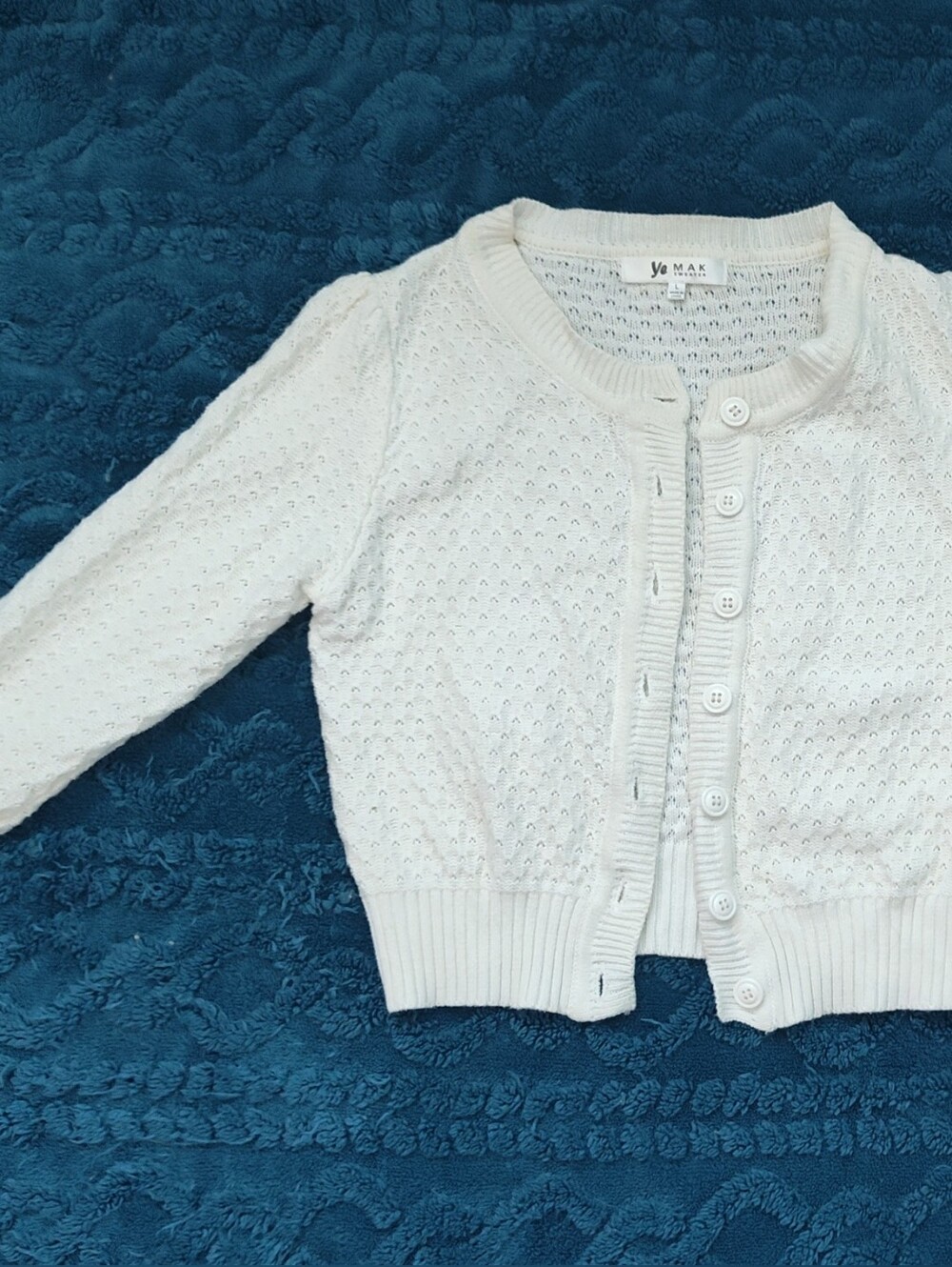 Ye Mak Cream Eyelet Knit Crewneck Cardigan Sweater